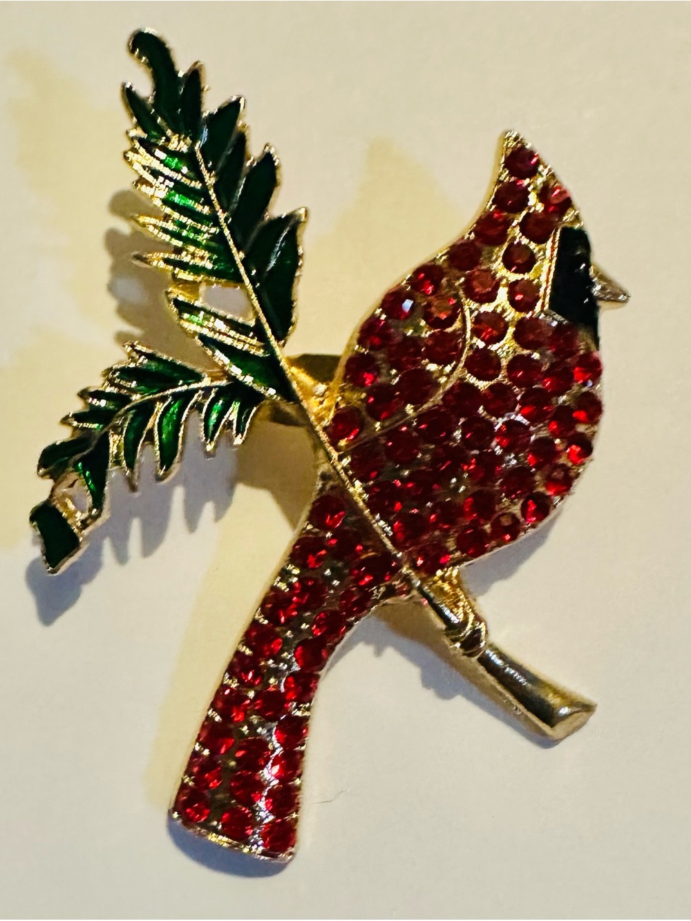 Red Cardinal Bird Pin Brooch with Green Leaf Gold Tone